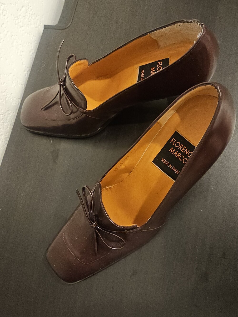 Florencia Marco Brown Leather Bow Square Toe Slip-On Flats Womens EU 37 US 7